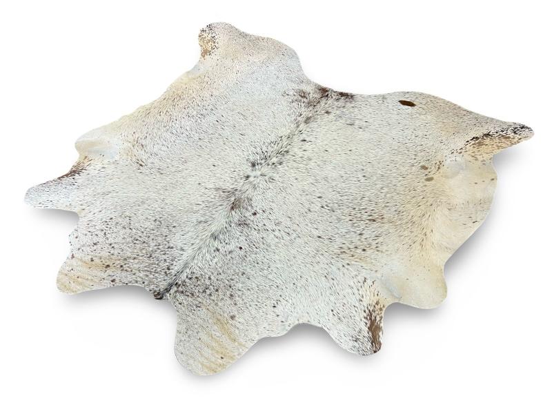 White cowhide with dark brown speckled spots