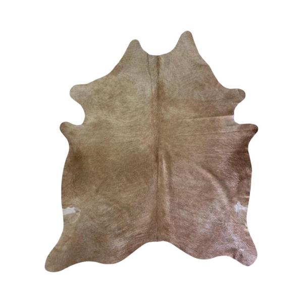 Caramel cowhide with small white patches on each side