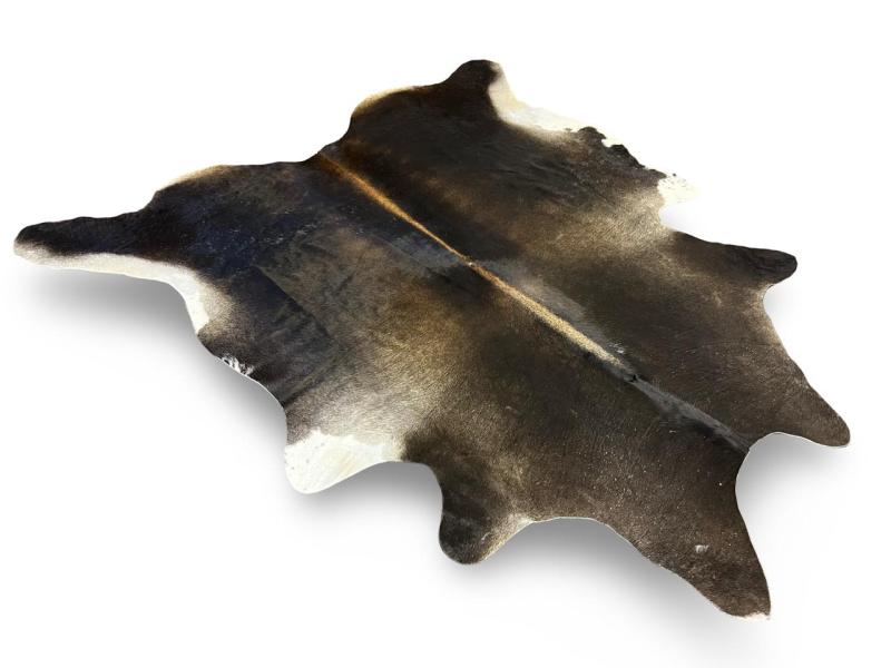 Tri color cowhide,a mix of black and light brown with a light brown spine and white under legs