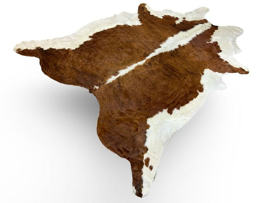 Dark brown cowhide with white on centre spine and sides