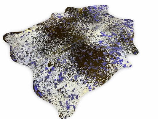 Dark brown and white speckled cowhide with purple metalic print